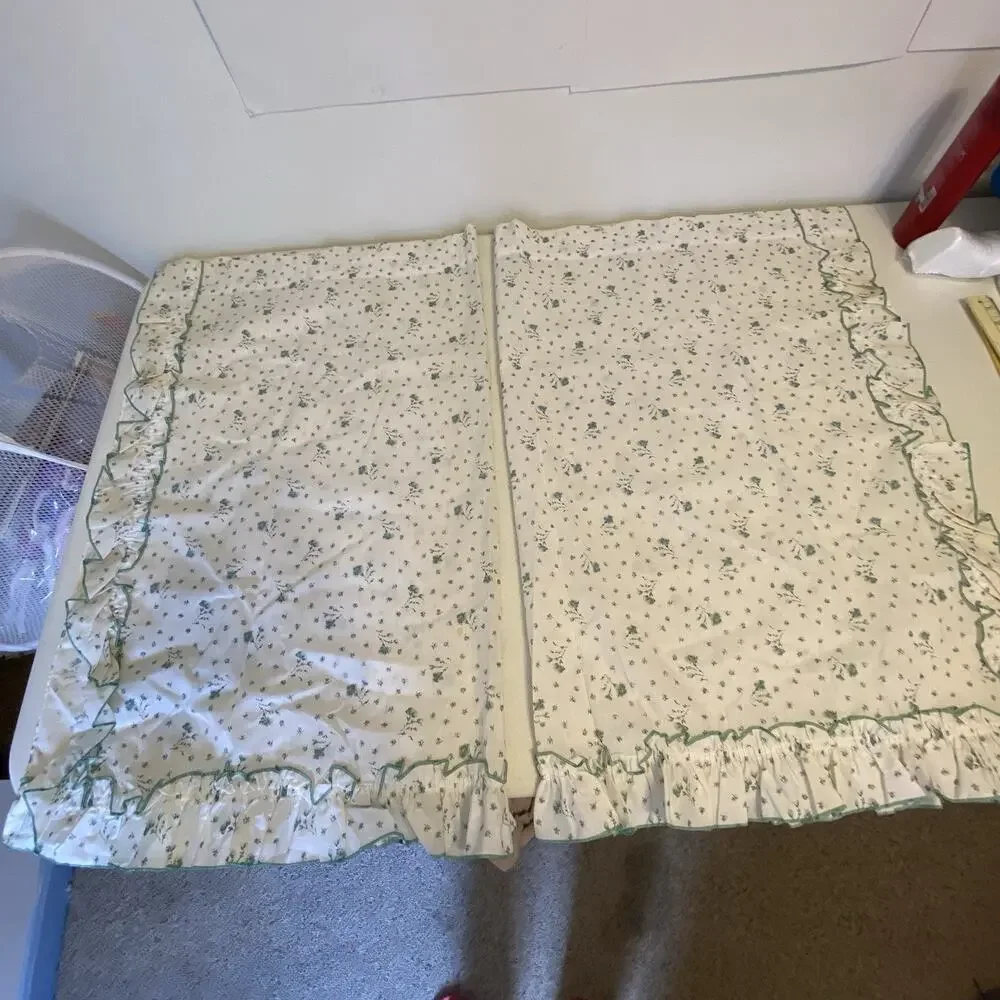 Vintage White Dainty Green Floral Curtains Valances Ruffles Cotton Cottage Home